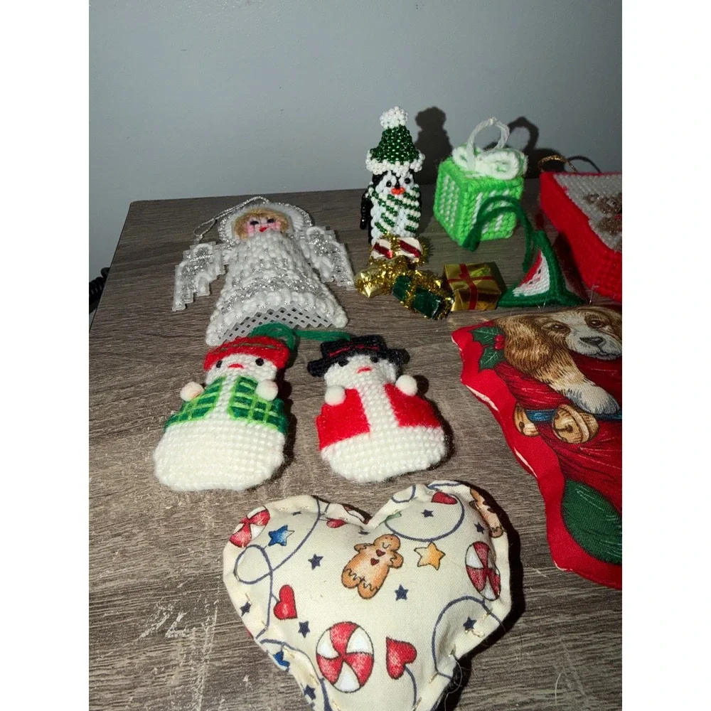 Vintage Christmas Ornament Lot Plastic Canvas Needlepoint Handmade Retro
